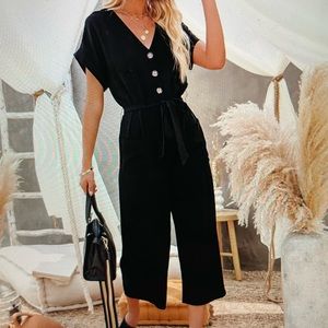 NWT - Brandy Linen Blend Pocketed Jumpsuit - charcoal